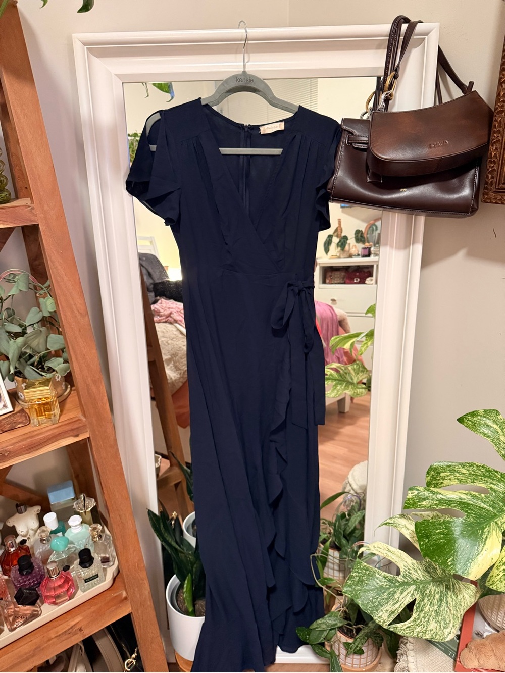 Altar'd State Navy Wrap Maxi Dress with Ruffle Tie